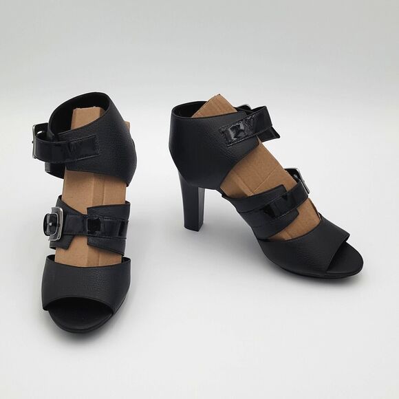 Banfi Zambrelli 7.5M Black Heels High 4in Leather Strappy Chunky Party Statement - Picture 2 of 10